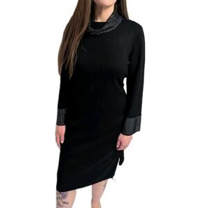Calvin Klien Rhinestone-Embellished Mock Neck Sweater Dress Rayon Black L Party